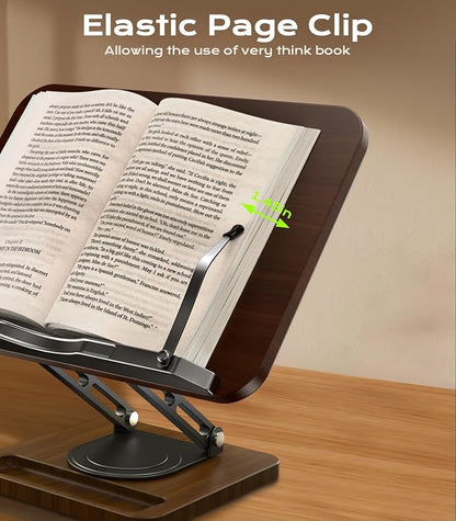 Book Stand for Reading, Adjustable Book Holder, 360° Rotating Bases with Pen Slot, Ergonomic Cookbook Stand Recipe Book Holder with Elastic Page Clips for Magazines, Tablets, Laptops