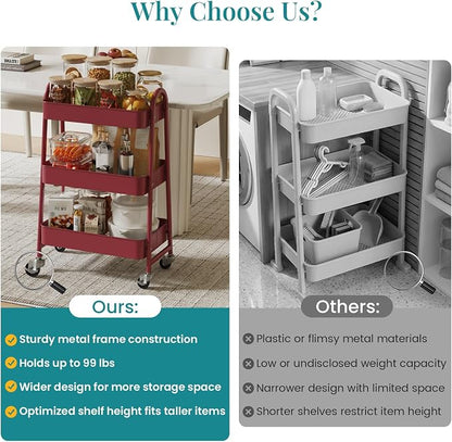 NEWBULIG 3-Tier Metal Rolling Cart with Lockable Wheels, Heavy Duty Mobile Utility Storage Shelf, Roller Book Snack Cart, Organization for Livingroom, Bathroom, Office, Red