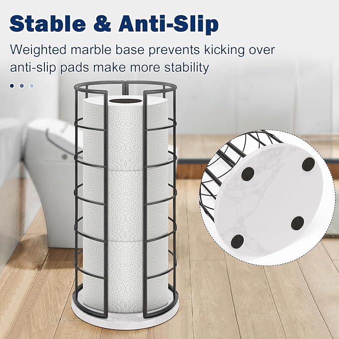 NearMoon Toilet Paper Organizer Stand, Free Standing 3 Rolls Tissue Storage, Metal Bathroom Accessory, Rustproof Toilet Roll Holder for Kitchen Countertop Inside Cabinet Shelf(Marble Base,Matte Black)