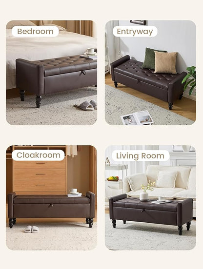 47" Storage Ottoman Bench, Faux Leather Upholstered Ottoman with Storage, End of Bed Bench for Bedroom, Living Room, Entryway, Window (Brown)