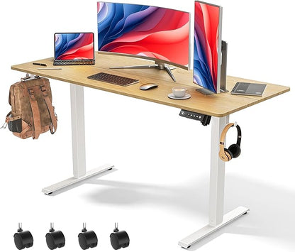 55 x 24 inch Electric Standing Desk Adjustable Height with 4 Wheels, 4 Memory Height Settings, 2 Headphone Hook, Home Office Desk, Splice Board Oak
