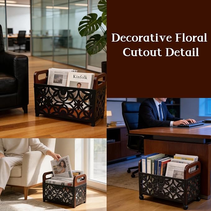 Magazine Holder Floor, Magazine Holder – Wooden & Metal Decorative Magazines Rack, Freestanding Newspaper & Book Storage Organizer for Living Room, Bedroom, and Office