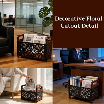 Magazine Holder Floor, Magazine Holder – Wooden & Metal Decorative Magazines Rack, Freestanding Newspaper & Book Storage Organizer for Living Room, Bedroom, and Office