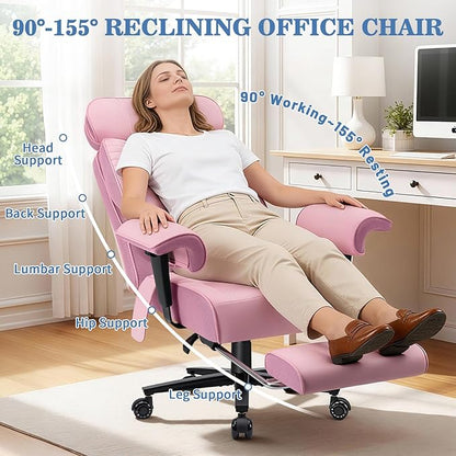 HOFFREE Big and Tall Office Chair 500lbs for Heavy People Executive Office Desk Chair with Wide Seat PU Leather Computer Chair with Adjustable Lumbar Support Pink