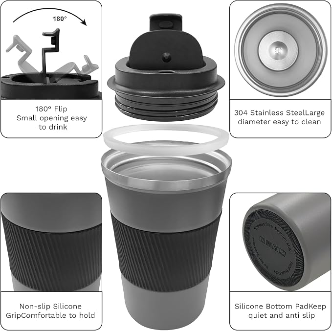 YINBAOGE Insulated Travel Coffee Mug, Spill & Leak Proof, Portable To Go Camping Stainless Steel Coffee Tumbler, Reusable Thermal Coffee Cup with Lid for Hot & Cold Drinks (Grey, 12 OZ)