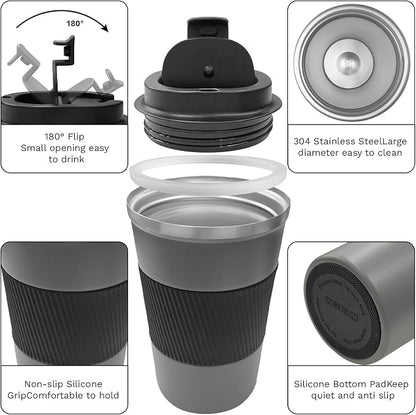 YINBAOGE Insulated Travel Coffee Mug, Spill & Leak Proof, Portable To Go Camping Stainless Steel Coffee Tumbler, Reusable Thermal Coffee Cup with Lid for Hot & Cold Drinks (Grey, 17 OZ)