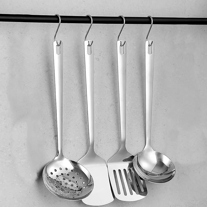 ReaNea Stainless Steel Kitchen Utensils Set, 4-Piece – Slotted Turner, Solid Turner, Skimmer & Ladle – Rust-Resistant, Long Handle, Hanging Loop, Dishwasher Safe – Everyday Cooking & Serving