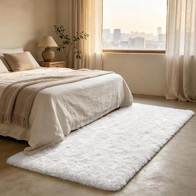 Shag Runner Rug for Bedroom Living Room 3x7 Upgrade Non-Slip Fluffy Soft Bedside Rugs,White Shaggy Carpet for Livingroom Dorm Home Decor Aesthetic