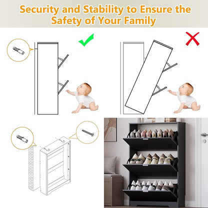 Entryway Shoe Cabinet with 3 Flip Drawers, Narrow Shoe Organizer Cabinet with Fluted Panel and Adjustable Shelves for Foyer, Hallway