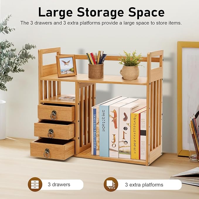 Bamboo Desk Book Shelf, Desktop Bookshelf Storage Rack with 3 Drawers, Tabletop Standing Organizer for Office, Bedroom, Dorm, Freestanding Bookcase – Wood Tone