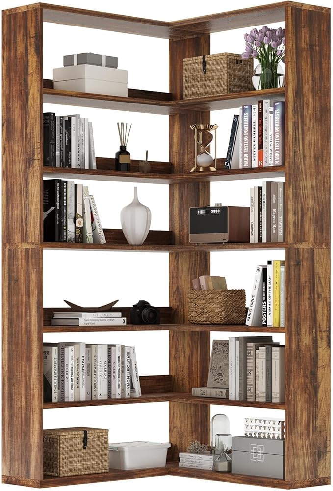 4 EVER WINNER Corner Bookshelf, 6 Tier Bookcase with LED Light and Storage, Industrial Tall Bookshelf Etagere Bookcase, 71” Corner Book Shelf with Storage Display Rack with Baffles for Home Office