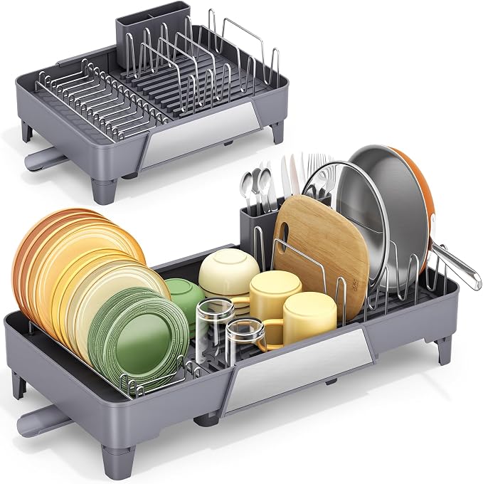 Urackify Large Dish Drying Rack - Expandable Dish Rack for Kitchen Counter, Multifunctional Dish Drainer with Drainboard & Utensil Holder, Anti-Rust, Fits Any Sink, Extendable 16.3" to 23.6" L, Gray