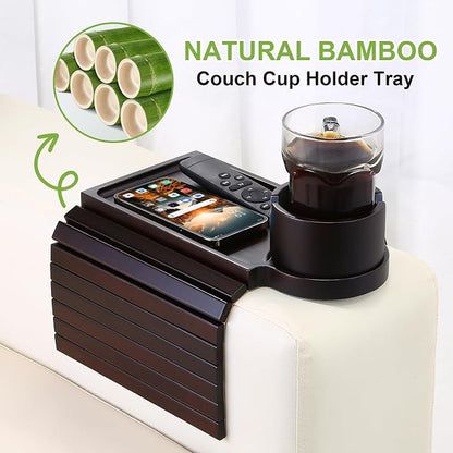 Couch Cup Holder Tray - 3 in 1 Couch Arm Table with 360° Rotating Phone Holder, Foldable Sofa Arm Tray for Drink Table, Snacks Table,Hold Cellphone Remote or Books
