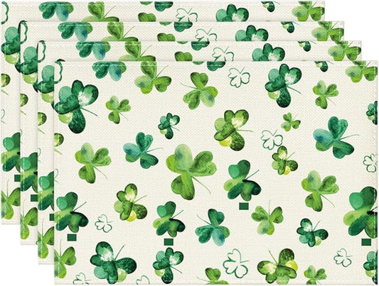Artoid Mode Lucky Shamrock St. Patrick's Day Placemats for Dining Table, 12 x 18 Inch Seasonal Holiday Rustic Vintage Washable Table Mats Set of 4