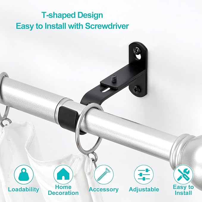 Adjustable Curtain Rod Brackets, Metal Window Drapery Rod Hanger Holders Hooks for 1 inch Rods (Black, Set of 2)