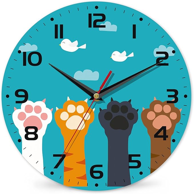 Cute Cat Paw Wall Clock - Vintage Wooden, Silent Non-Ticking, Battery Operated, Arabic Numerals - Decorative for Kitchen, Office, Classroom - 10 Inch