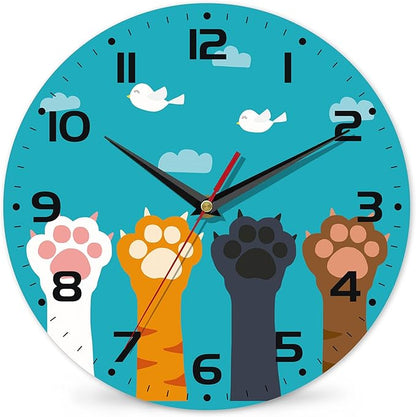 Cute Cat Paw Wall Clock - Vintage Wooden, Silent Non-Ticking, Battery Operated, Arabic Numerals - Decorative for Kitchen, Office, Classroom - 10 Inch
