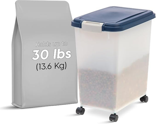 IRIS USA Airtight Dog Food Storage Container, Up to 30 lbs, Attachable Wheels, for Dog Cat Bird and other Pet Food Storage Bin, Keep Fresh, Easy Mobility, BPA Free, Navy/Pearl