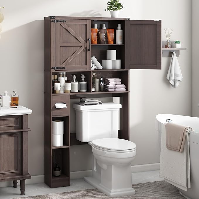 Vabches Over The Toilet Storage Cabinet, Farmhouse Storage Cabinet Over Toilet with 2 Barn Doors && Toilet Paper Holder Stand，Home Space-Saving Toilet Rack, for Laundry, Restroom, Bathroom.(Espresso)