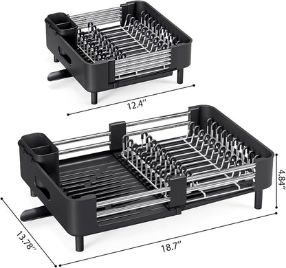 Urackify Stainless Steel Dish Drying Rack - Dish Drainer for Kitchen Counter, Extendable Drainboard with Foldable, Space-Saving Cup & Bowl Organizer, Includes Knife and Utensil Holder, Black