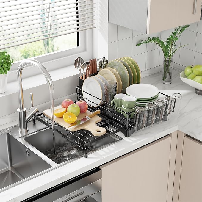 Ekisemio Expandable Dish Drying Rack with Utensil Holder & Drip Tray, Black | Ekisemio 12.7"-21.7" Expandable Dish Rack | 360° Swivel Spout | Steel Frame | Dual Utensil Holder | Tool-Free | Anti-Slip