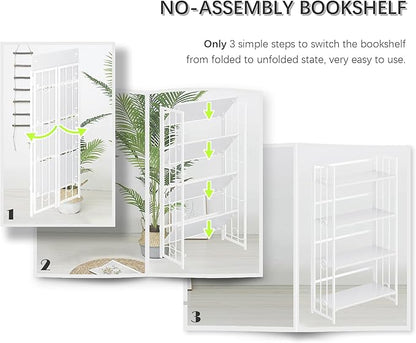 4NM No Assembly 4 Tiers Folding Bookshelf, 47.2" H Foldable Storage Shelves Vintage Bookcase Standing Racks Study Organizer Home Office - All White