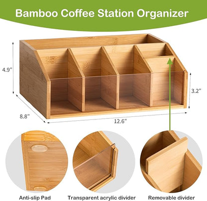 Bamboo Coffee Station Organizer for Countertop, Coffee Bar Accessories Organizer with 6 Compartments for Tea Bags Condiment, Pods, Creamer, Stirrer, Syrup, Cups