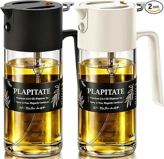 2Pcs 17oz Premium Olive Oil Sprayer for Cooking, 2 in 1 Glass Olive Oil Dispenser Bottle for Kitchen Gadgets, Spray Bottle with Portion Control for Salad, Frying, BBQ (Black & White)