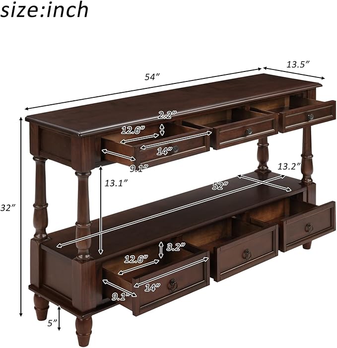KEIKI 54”L Pine Solid Wood Entryway Console Table with 6 Storage Drawers, Vintage Behind Couch Sofa Table with 2 Tiers Open Shelf for Hallway, Entrance, Entry Way, Living Room, Foyer