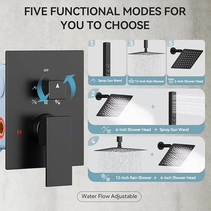 Shower Systems Matte Black Shower Faucet Sets,Bostingner Five Function Diverter Dual Head Shower Set,12'' Ceiling Mount and 6’‘ Wall Mount Rainfall Shower System with 2 in 1 Handheld Spray