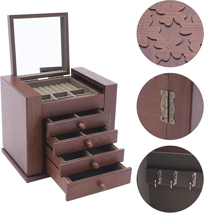 Wooden Jewelry Box for Women, 5-Layer Wooden Jewelry Organizer Boxes with 4 Drawers, Vintage Solild Wood Storage CaseJewelries, Watches, Necklace, Ring (Dark Brown)
