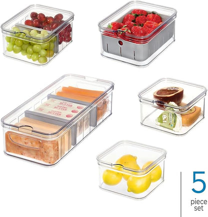 iDesign Crisp 5-Piece Recycled Plastic Refrigerator Organizer Bin Set with Lids, Clear/Gray