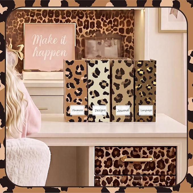 AmazingSpark Set of 4 Leopard Print Magazine Holder Decorative Foldable Magazine Storage Boxes with Acrylic Label Holders Coquettish Boho Organizer for Office Home Organization Storage