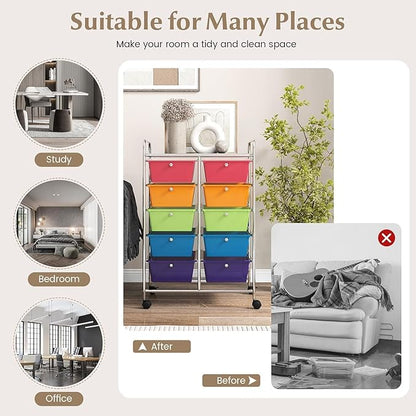 LDAILY 10 Drawer Rolling Cart, Storage Cart Organizer on Wheels, Drawer Cart with Metal Frame & Large Storage Capacity, Rolling Cart with Drawers for Living Room Classroom, Office