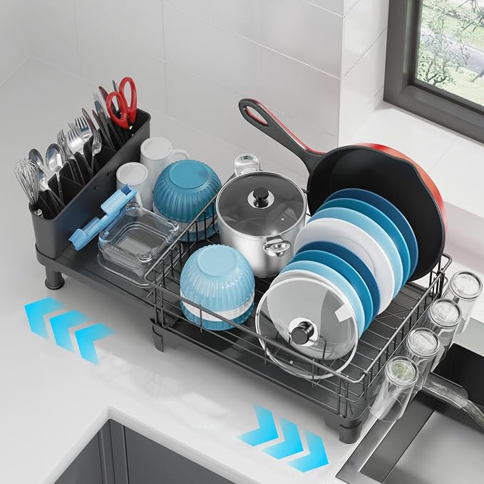 GSlife Large Dish Drying Rack for Kitchen Counter, Expandable Rust Resistant Dish Drainer with Drainboard & Utensil Holder, Adjustable Dish Rack with Vertical Pot Storage, 12.6"W x 18.7"-25.2"L, Black