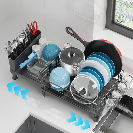 GSlife Large Dish Drying Rack for Kitchen Counter, Expandable Rust Resistant Dish Drainer with Drainboard & Utensil Holder, Adjustable Dish Rack with Vertical Pot Storage, 12.6"W x 18.7"-25.2"L, Black