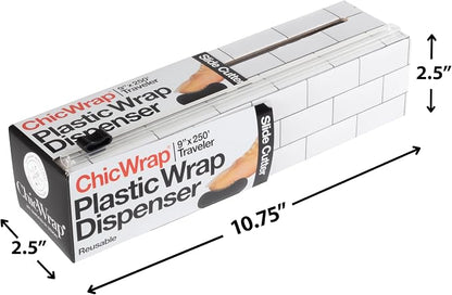 ChicWrap® Subway Tile Refillable 9” Plastic Wrap Dispenser - Includes One 9" x 250' Roll of Professional Grade Plastic Wrap - and Kosher Certified - Reusable Dispenser w/Slide Cutter