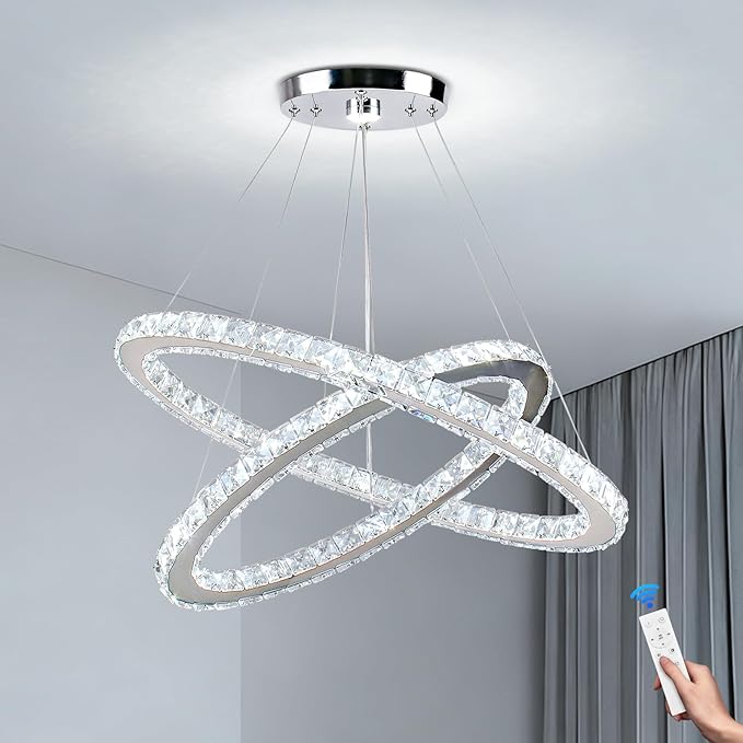 23.6'' Dimmable Oval Crystal Chandelier 2-Ring LED Pendant Island Light with Remote & App Control, 3-Color 2500K–6500K, Adjustable Height for Kitchen Dining Living Room Bedroom
