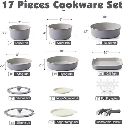 SENSARTE 17 Piece Ceramic Pots and Pans Set, Nonstick Detachable Handle Cookware, Induction Kitchen Cookware Set with Removable Handle, Dishwasher ＆ Oven Safe (Gray)