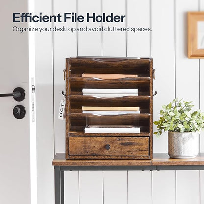 HOOBRO Wall File Organizer, Mail Organizer Wall Mounted, Wooden Literature Organizer, Construction Paper Organizer with Drawer Storage and 2 Hooks, for Office, Classroom, Home, Rustic Brown FG14WF01
