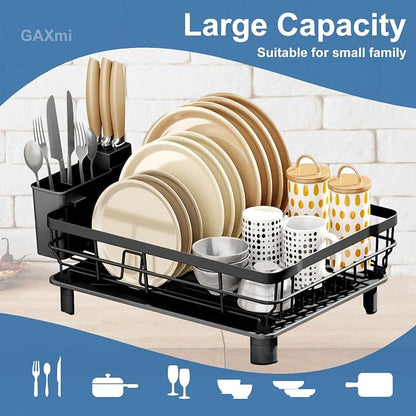GAXmi Dish Drying Rack with Drainboard for Kitchen Countertop 1-Tier Black | With utensil holder, Over the sink, Quick drainage, Space-saving, Large capacity