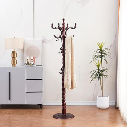 Wood Coat Rack Freestanding, Wooden Entryway Tree Coat Rack Stand Coat Hanger Stand, High-grade Hat Tree with 14 Hooks & Stable Disc Base