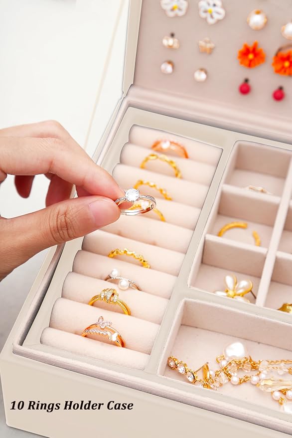 QBestry Girls Jewelry Box Earring Holder Organizer for Girls Jewelry Organizer Box Stud Earrings Organizer for Girl Womens Beige Jewelry Box for Earrings and Necklaces Rings Stud Earring Box for Teen