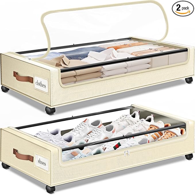 SpaceHacks Under Bed Storage with Wheels 2Pack Underbed Storage with Clear Window&Label Under Bed Drawers Large Capacity Rolling Under Bed Storage for Clothes,Shoes, Blankets (Beige)