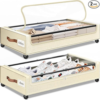 SpaceHacks Under Bed Storage with Wheels 2Pack Underbed Storage with Clear Window&Label Under Bed Drawers Large Capacity Rolling Under Bed Storage for Clothes,Shoes, Blankets (Beige)
