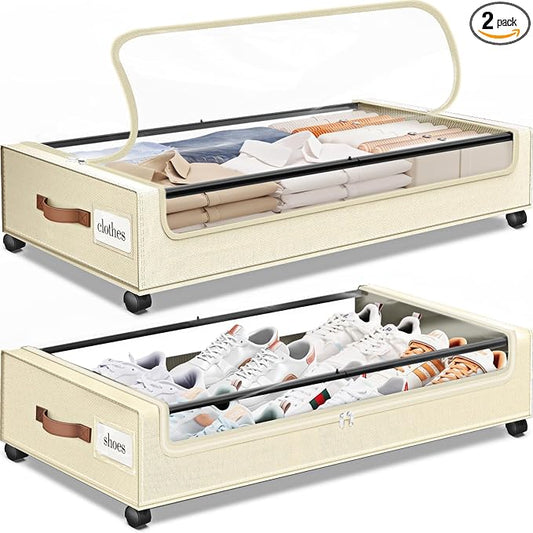 SpaceHacks Under Bed Storage with Wheels 2Pack Underbed Storage with Clear Window&Label Under Bed Drawers Large Capacity Rolling Under Bed Storage for Clothes,Shoes, Blankets (Beige)