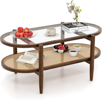 Giantex Rattan Coffee Table, 2-Tier Oval Acacia Wood Tea Table w/Tempered Glass Tabletop & PE Rattan Storage Shelf, Boho Cocktail Tables, Mid Century Modern Center Table for Living Room Office, Brown