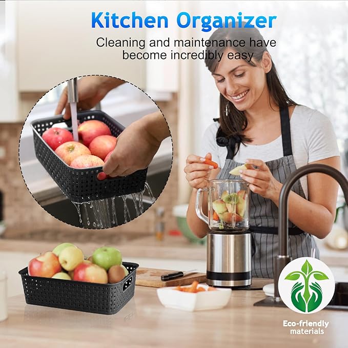 Black Plastic Basket, 8 Pack Home Organization and Storage Baskets with Handles, Space Saving Woven Organizer Bins Plastic Storage Basket for Organizing Cabinets,Closets, Shelves, Countertops