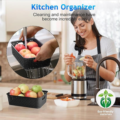 Black Plastic Basket, 8 Pack Home Organization and Storage Baskets with Handles, Space Saving Woven Organizer Bins Plastic Storage Basket for Organizing Cabinets,Closets, Shelves, Countertops