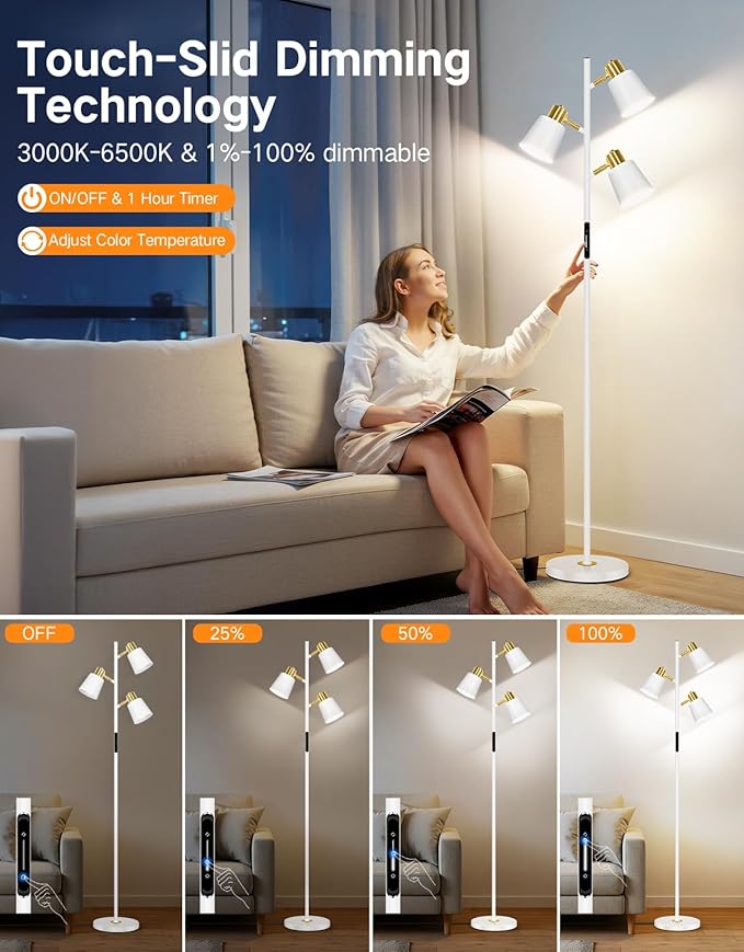 OUTON LED Tree Floor Lamp, Modern Dimmable Standing Lamp with Remote & Touch Control, 4 Color Temperatures, 3 Rotatable Lights Floor Lamps for Living Room, Bedroom, Office, White & Gold